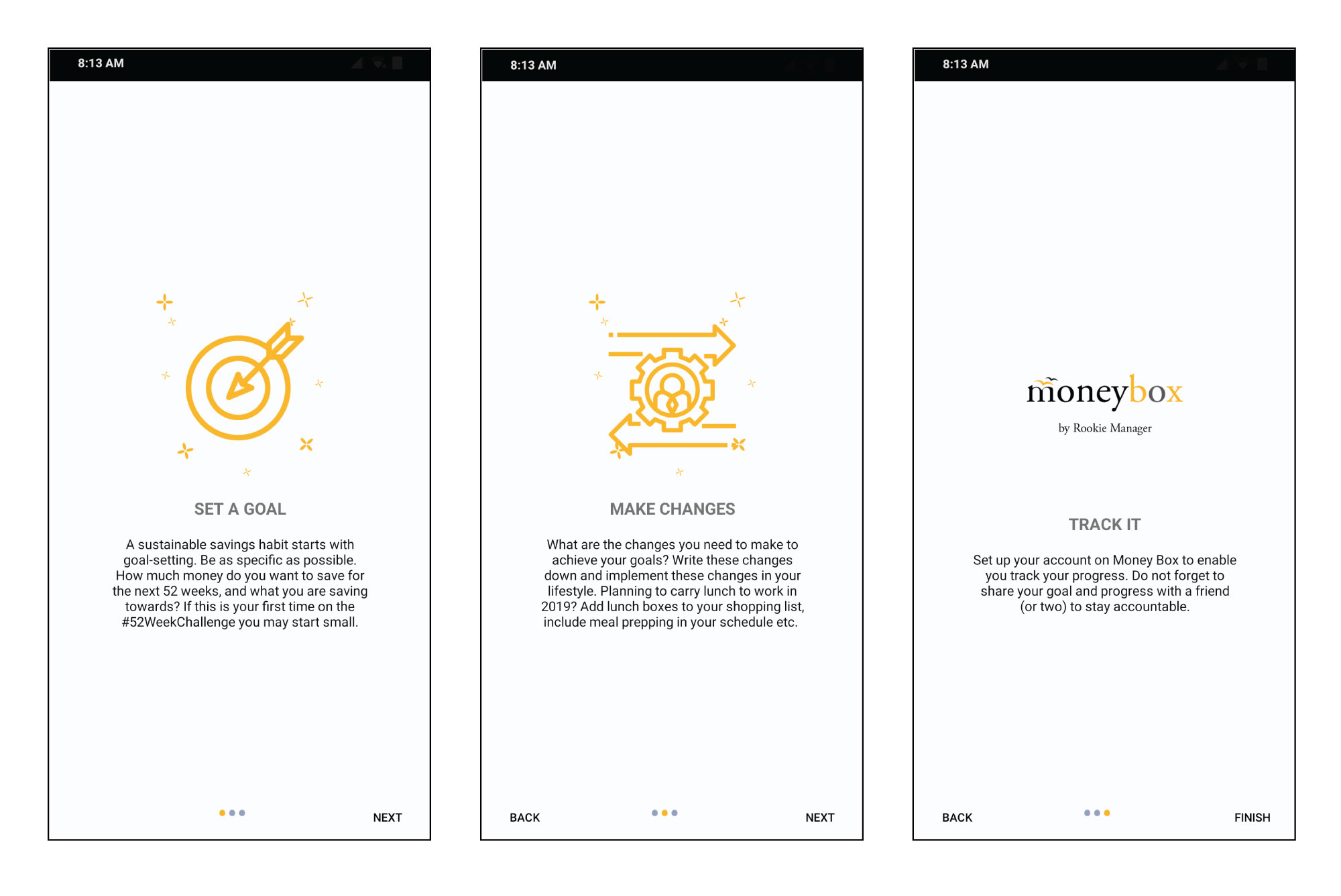 Money Box Android Application Development On-boarding screens