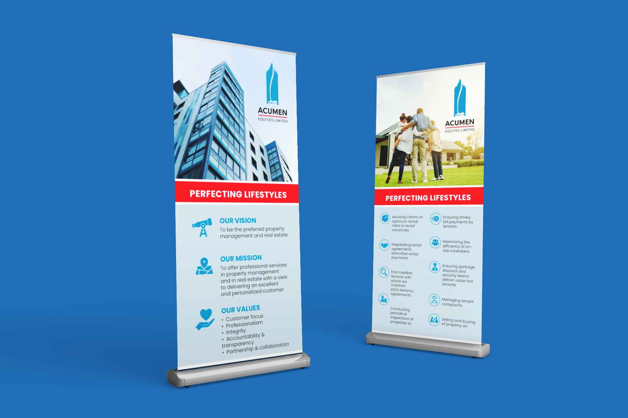 Acumen Equities Logo Design showing two roll up banner designs