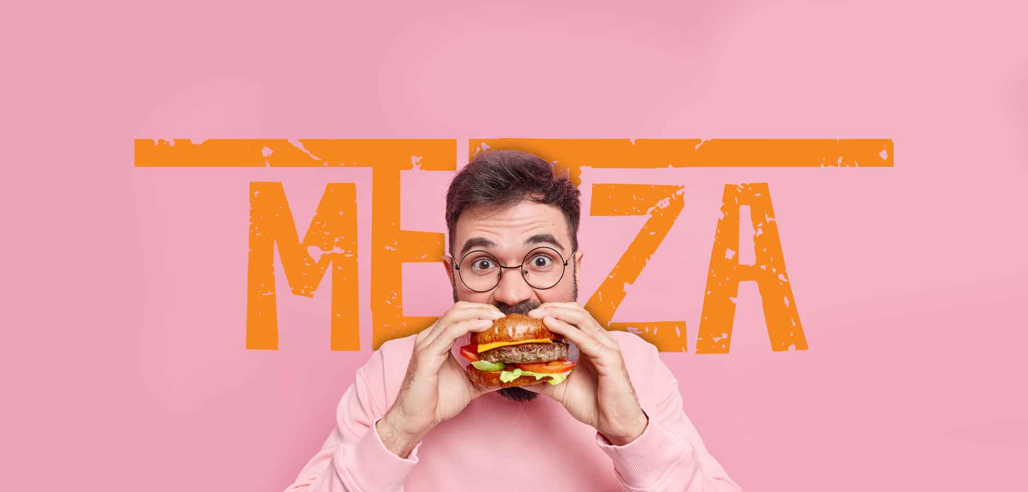 mezza logo design 5 mean eating a burger over the mezza logo